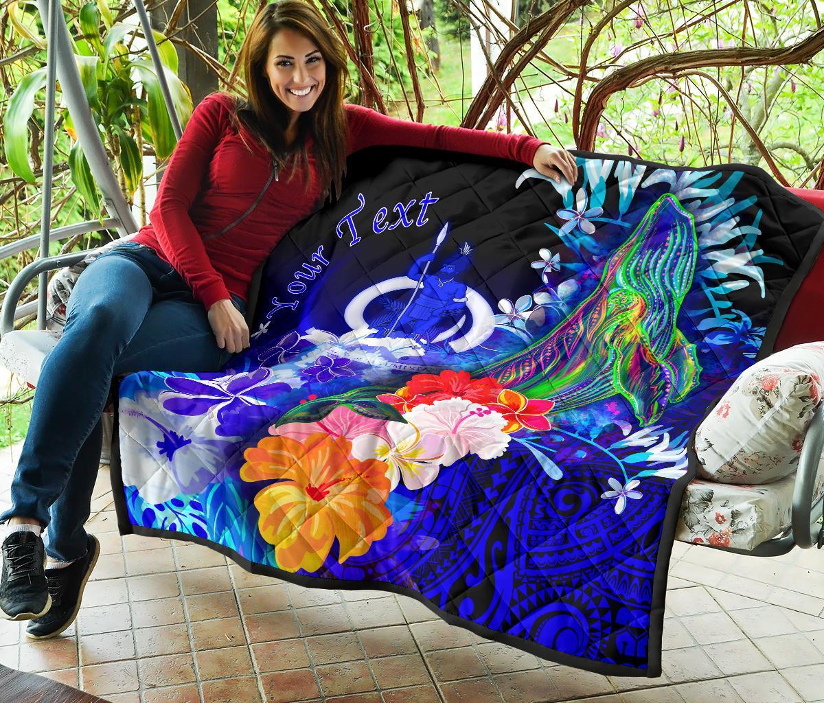Vanuatu Custom Personalised Premium Quilt - Humpback Whale with Tropical Flowers (Blue) - Polynesian Pride