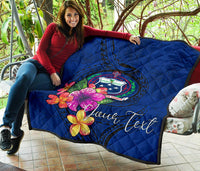 Samoa Polynesian Custom Personalised Premium Quilt - Floral With Seal Blue - Polynesian Pride