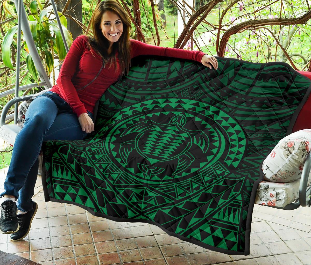 Hawaiian Kakau Honu Arc Green Polynesian Premium Quilt - Polynesian Pride
