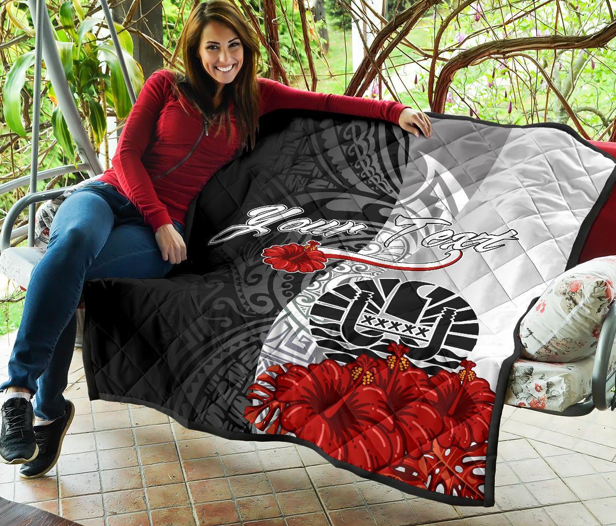 Tahiti Polynesian Custom Personalised Premium Quilt - Coat Of Arm With Hibiscus White - Polynesian Pride