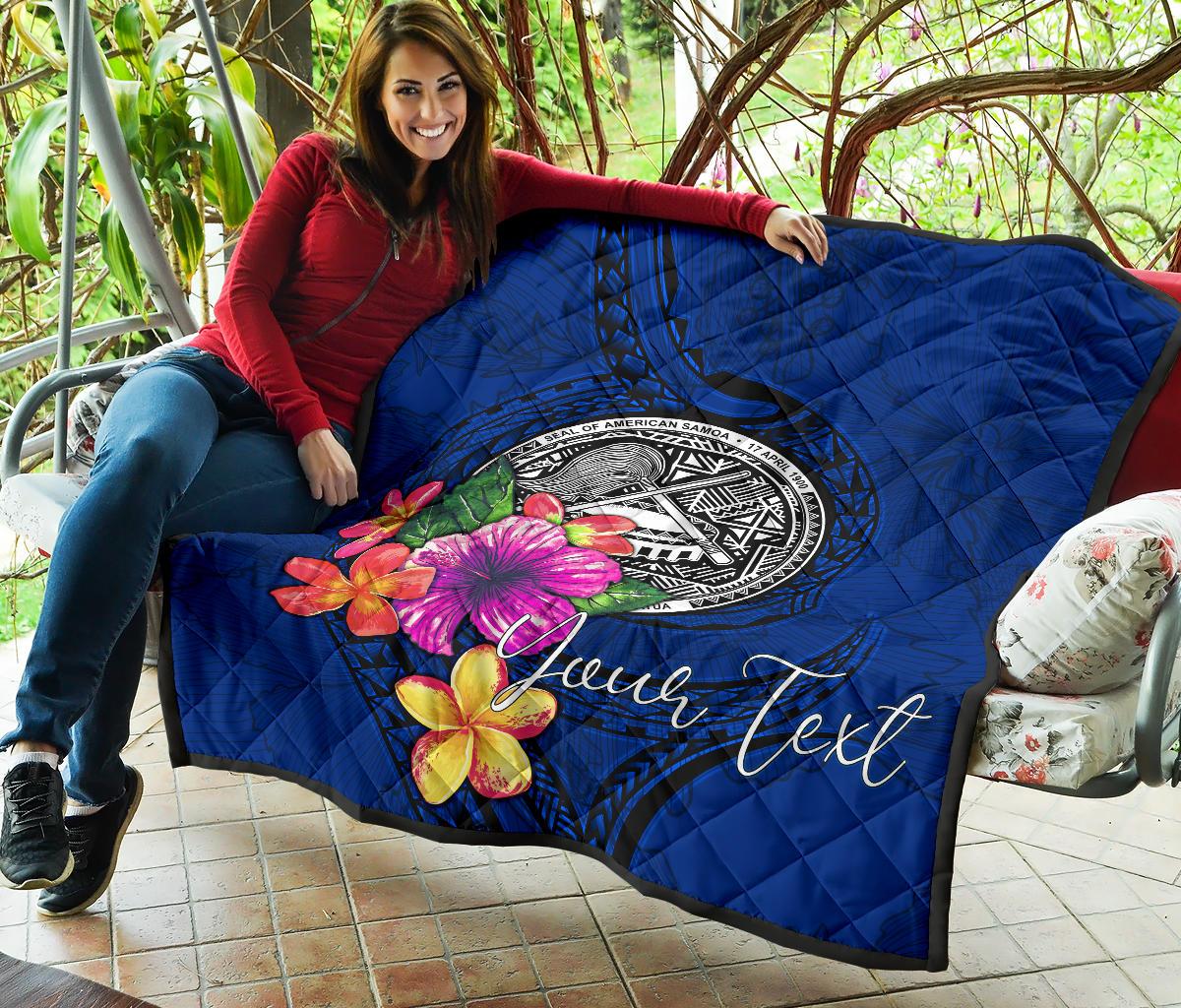 American Samoa Polynesian Custom Personalised Premium Quilt - Floral With Seal Blue - Polynesian Pride