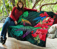 Hawaii Turtle Wave Hibiscus Premium Quilt - Unia Style - Polynesian Pride