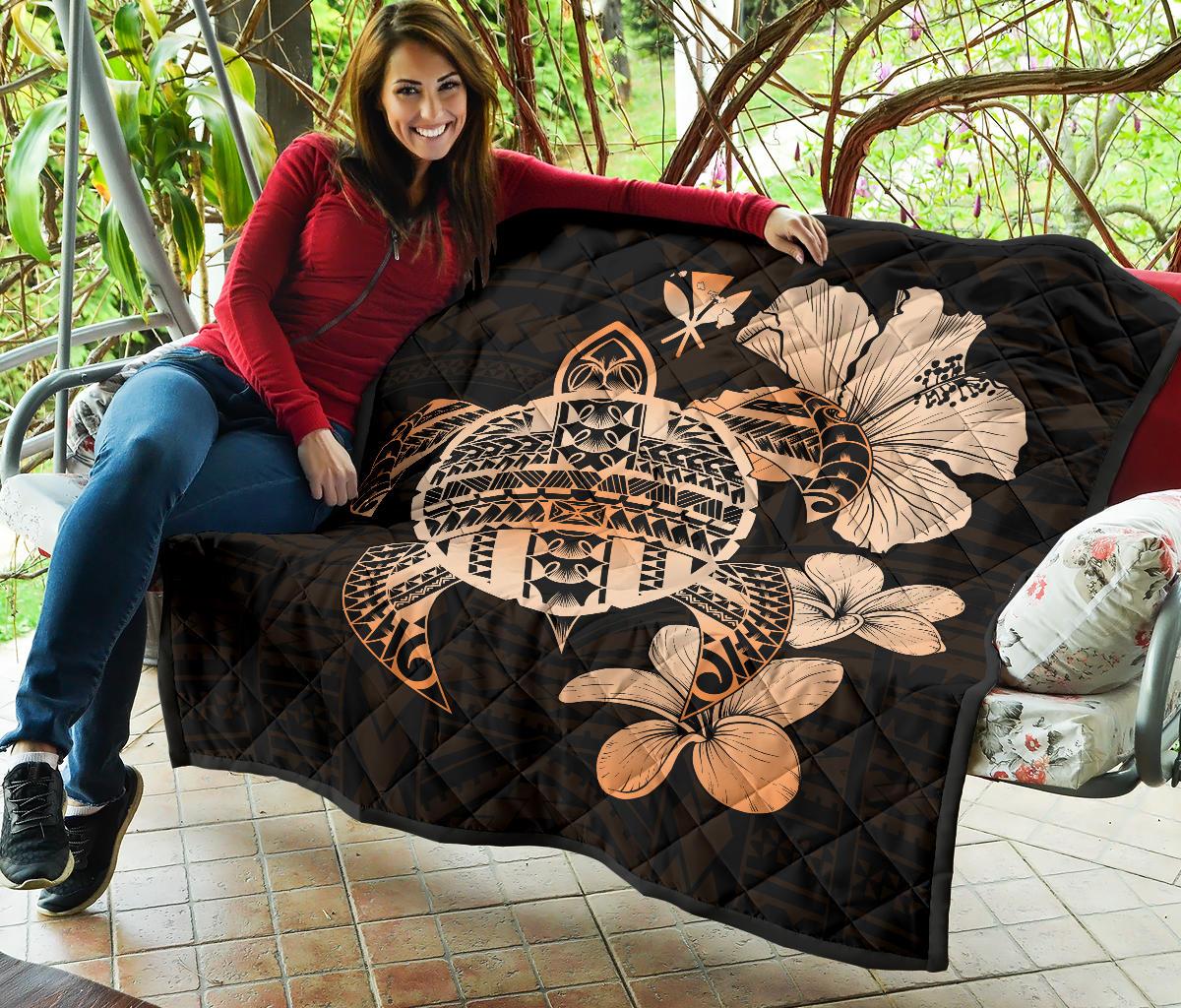 Hawaiian Kanaka Hibiscus Plumeria Mix Polynesian Turtle Premium Quilt Orange AH - Polynesian Pride
