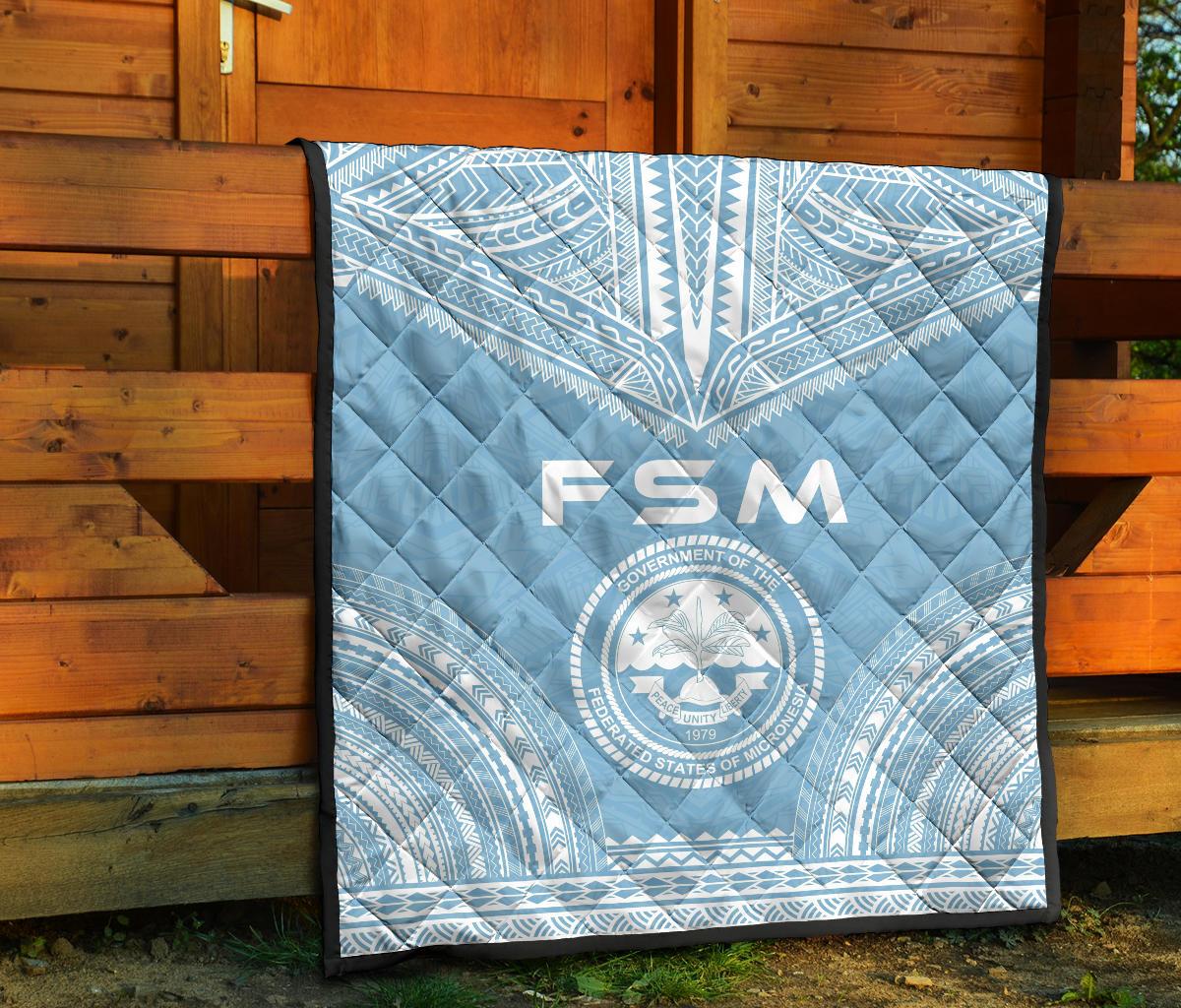 Federated States Of Micronesia Premium Quilt - FSM Seal Polynesian Chief Light Blue Version - Polynesian Pride