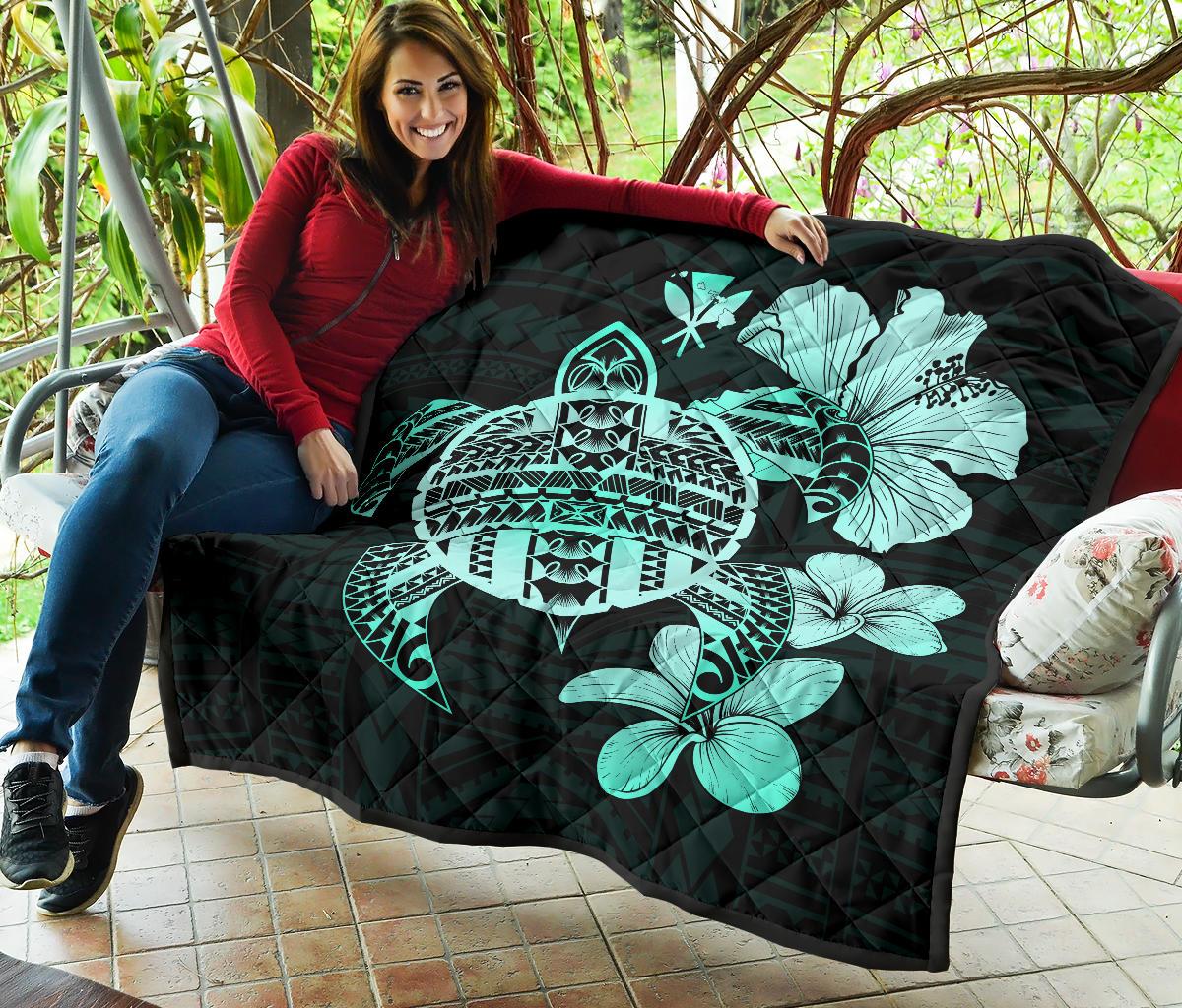 Hawaiian Kanaka Hibiscus Plumeria Mix Polynesian Turtle Premium Quilt Turquoise AH - Polynesian Pride