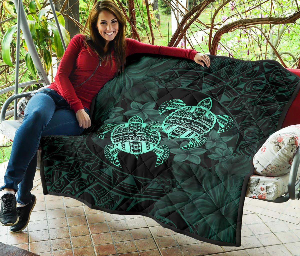 Hawaii Premium Quilt - Turtle Strong Pattern Hibiscus Plumeria Turquoise AH - Polynesian Pride