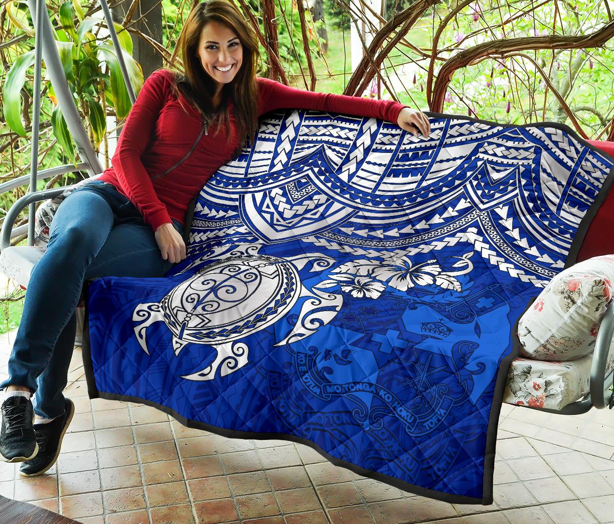 Tonga Polynesian Premium Quilts - Tonga Coat Of Arms & Blue Turtle Hibiscus - Polynesian Pride
