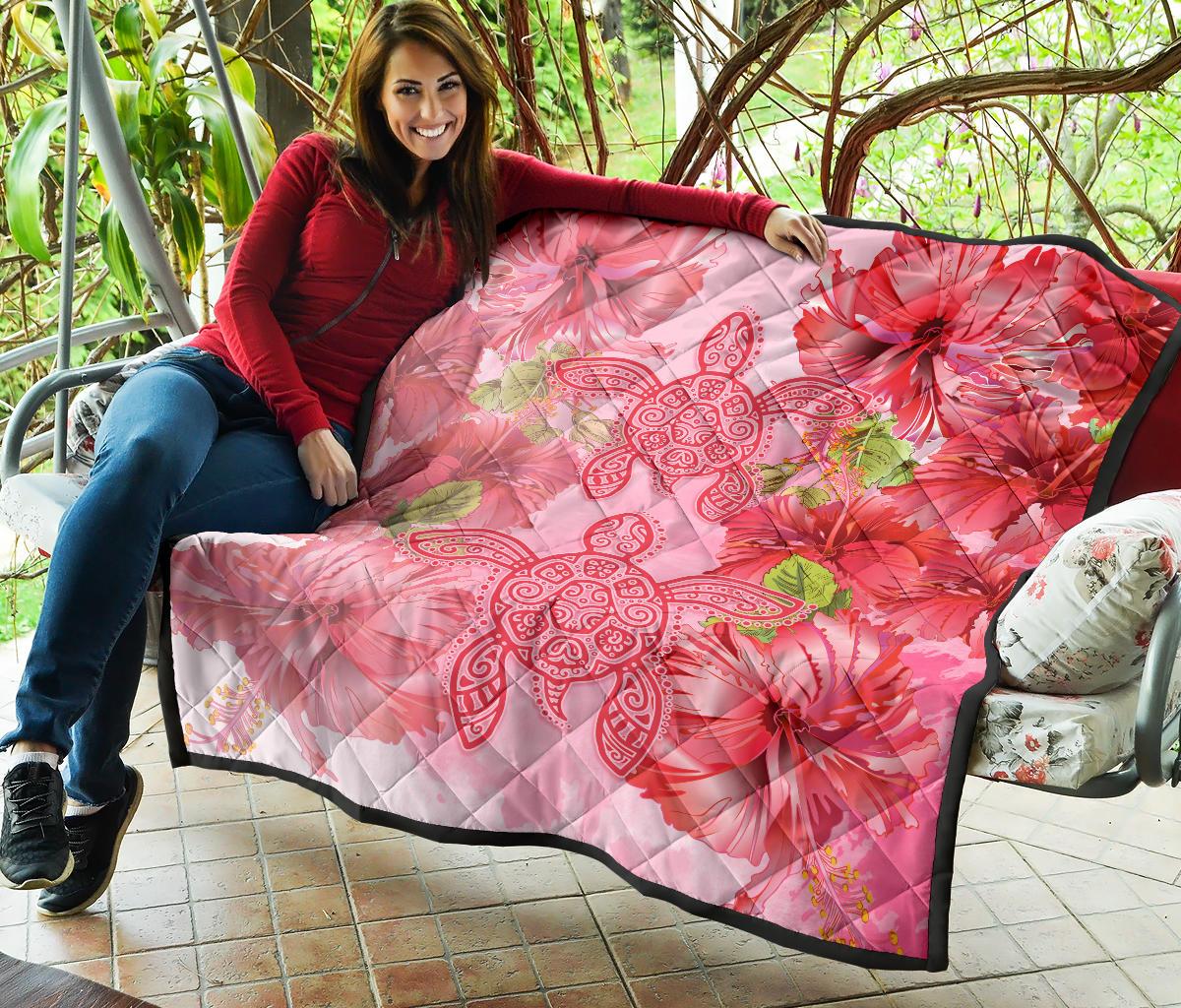 Hawaii Turtle Hibiscus Premium Quilt - Pink Style - Polynesian Pride
