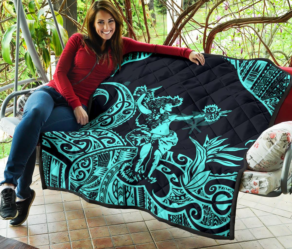 Polynesian Hawaii Premium Quilt - Hula Girl Neon Blue - Polynesian Pride