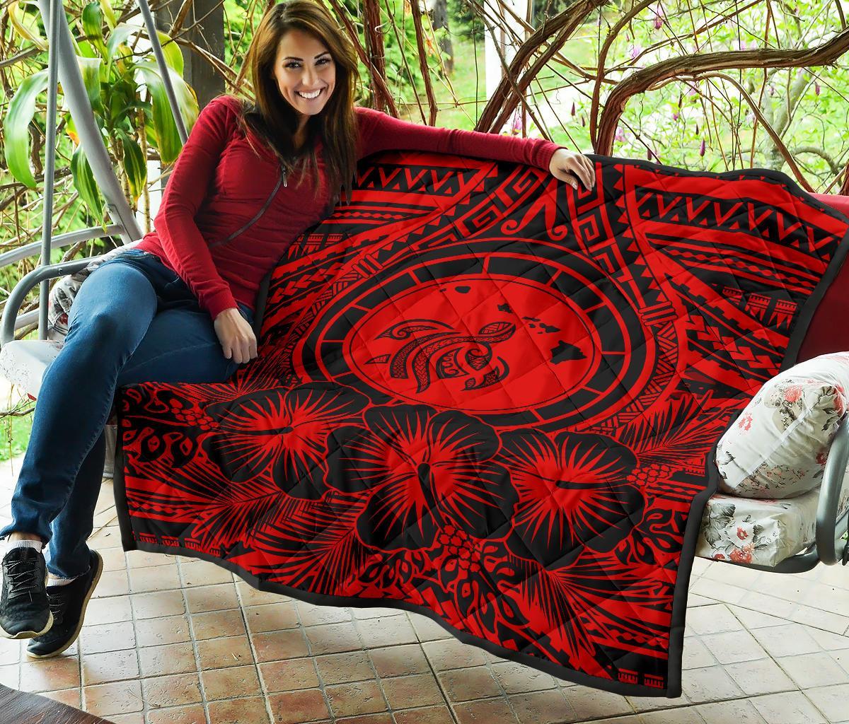 Hawaii Premium Quilt - Hawaii Map Honu Hibiscus Red Polynesian Premium Quilt - Polynesian Pride