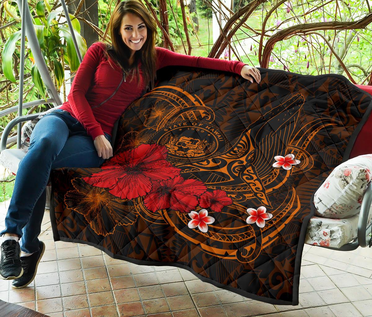 Polynesian Hawaii Premium Quilt - Humpback Whale with Hibiscus (Golden) - Polynesian Pride