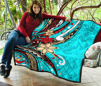 Polynesian Premium Quilt - Tribal Flower With Special Turtles Blue Color - Polynesian Pride