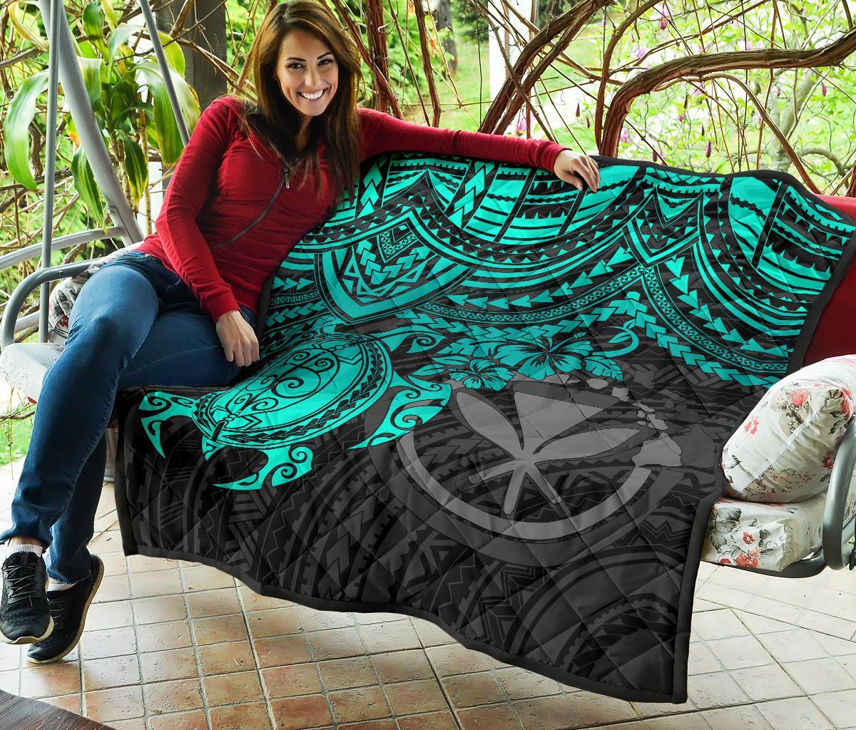 Hawaii Polynesian Premium Quilt - Kanaka Maoli & Turquoise Turtle Hibiscus - Polynesian Pride