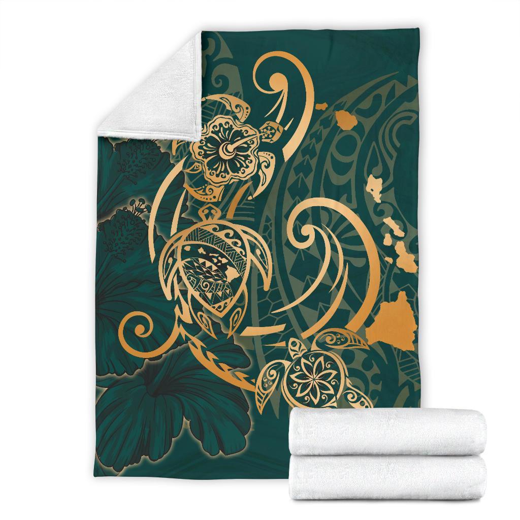 Hawaii Triple Marble Turtle Polynesian Hibiscus Premium Blanket - AH - Benjamin Style - Green - Polynesian Pride