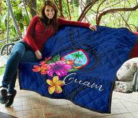 Guam Polynesian Premium Quilt - Floral With Seal Blue - Polynesian Pride