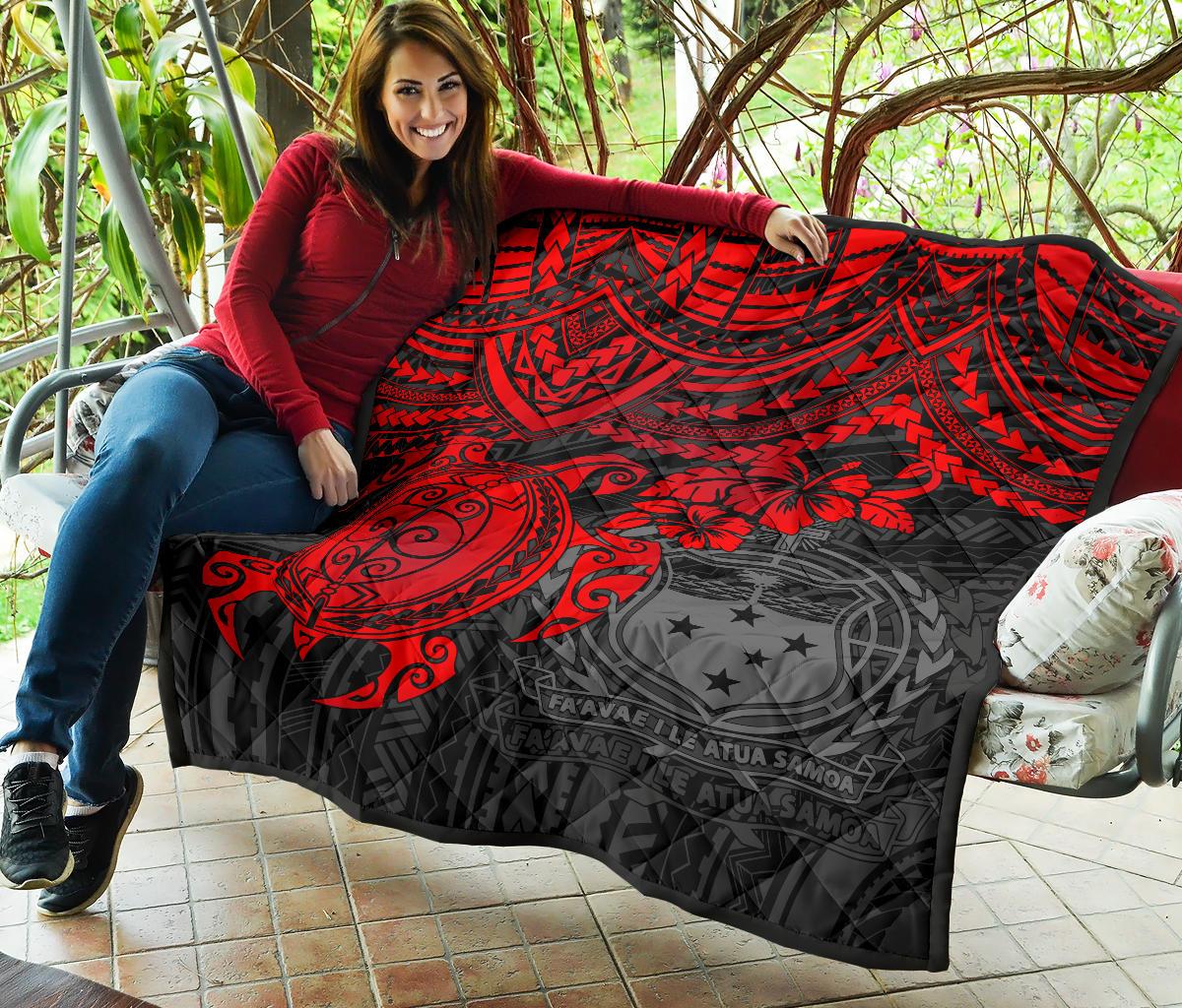 Samoa Polynesian Premium Quilt - Samoa Coat Of Arms & Red Turtle Hibiscus - Polynesian Pride