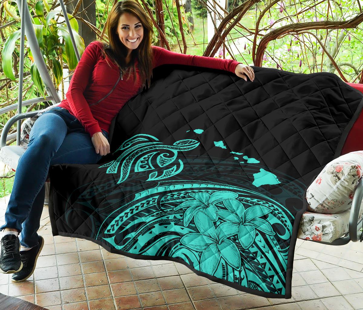 Hawaii Map Plumeria Polynesian Turquoise Premium Quilt - Polynesian Pride