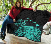 Hawaii Map Plumeria Polynesian Turquoise Premium Quilt - Polynesian Pride