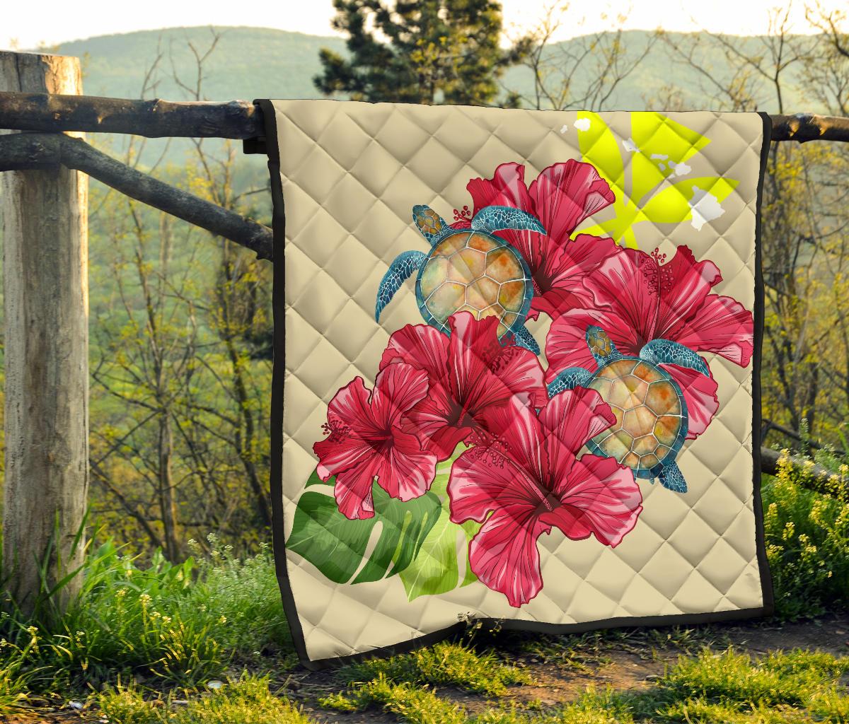 Hawaii Turtle Hibiscus Beige Simple Style - Premium Quilt AH - Polynesian Pride
