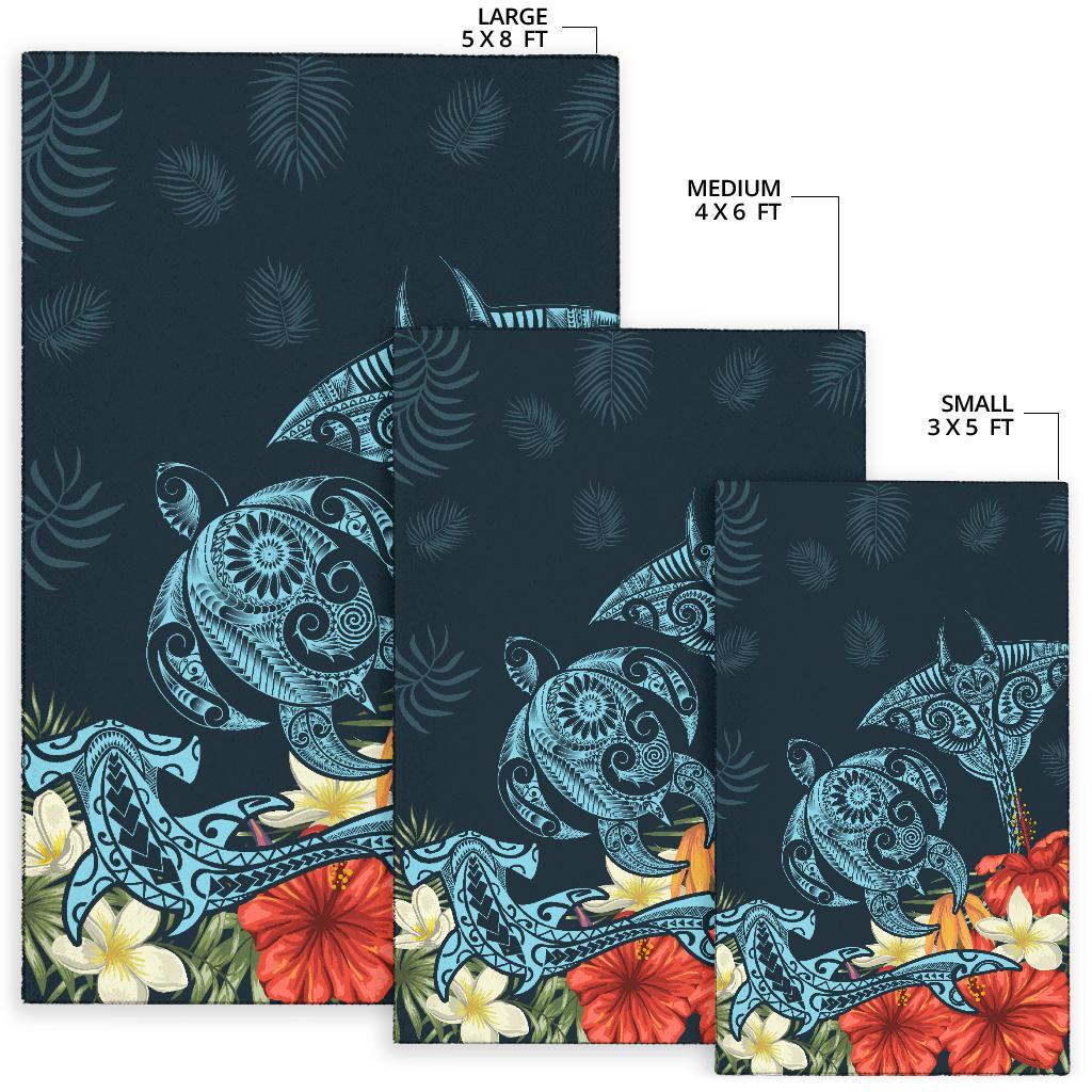 Hawaii Turtle Shark Manta Ray Hibiscus Plumeria Rug - Polynesian Pride