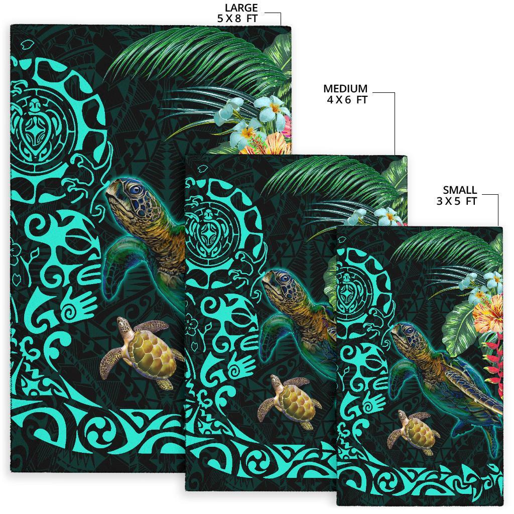 Tiki Polynesian Area Rug Turtle Hibiscus Black - Polynesian Pride
