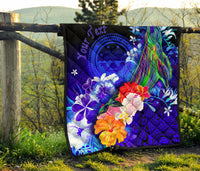 Federated States of Micronesia Custom Personalised Premium Quilt - Humpback Whale with Tropical Flowers (Blue) - Polynesian Pride