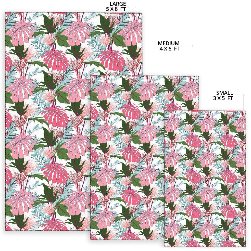 Pink Monstera And Green Tropical Leaves White Rug - Polynesian Pride