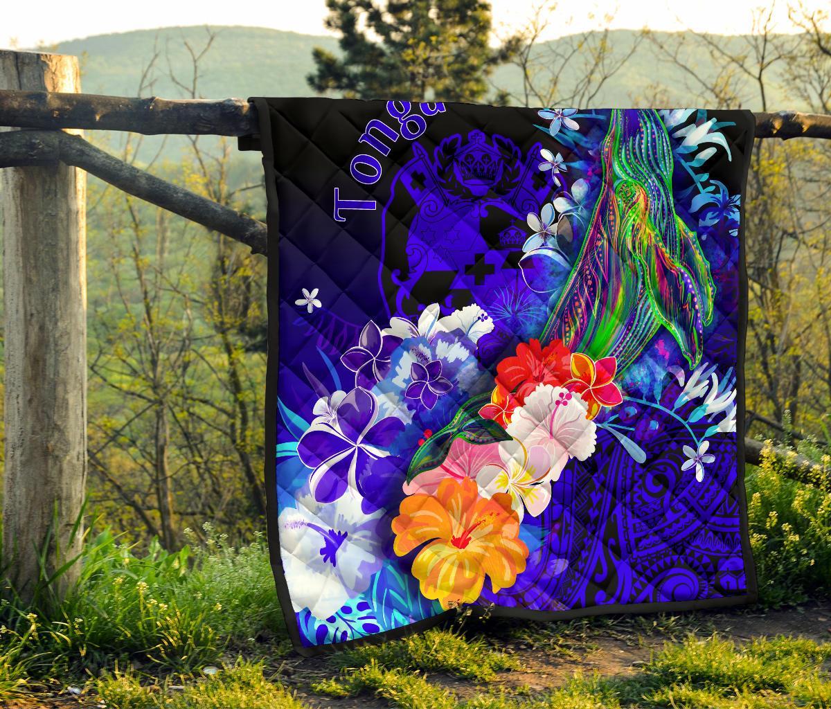 Tonga Premium Quilt - Humpback Whale with Tropical Flowers (Blue) - Polynesian Pride