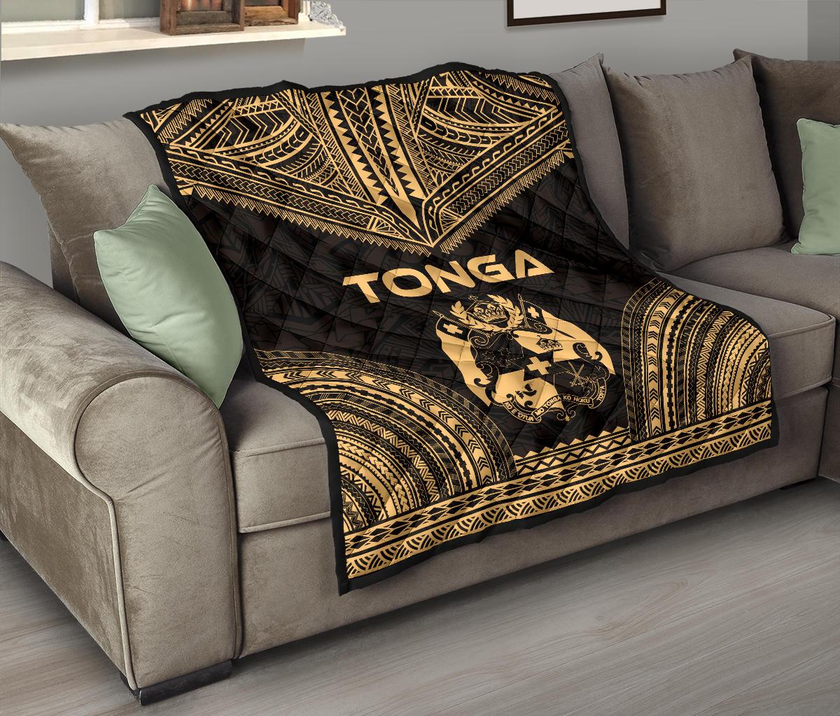 Tonga Premium Quilt - Tonga Coat Of Arms Polynesian Chief Gold Version - Polynesian Pride