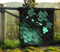 Hawaii Hibiscus Map Polynesian Ancient Turquoise Premium Quilt - Polynesian Pride