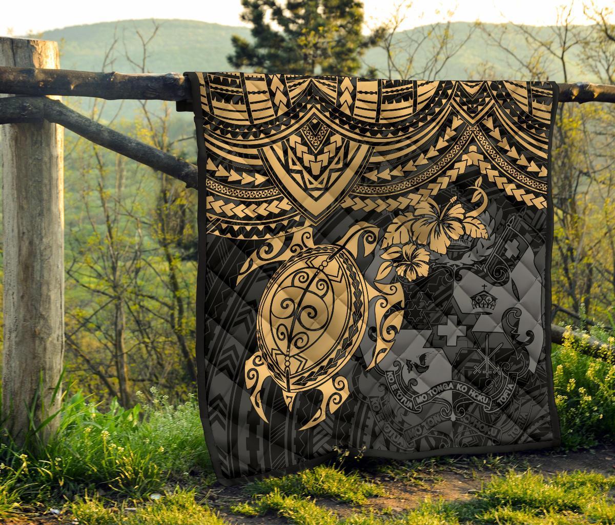 Tonga Polynesian Premium Quilts - Tonga Coat Of Arms & Golden Turtle Hibiscus - Polynesian Pride