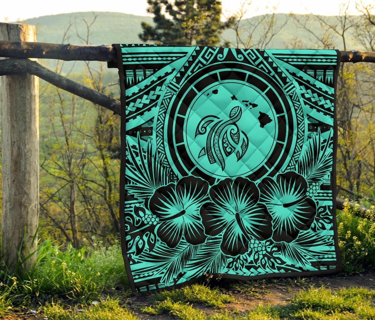 Hawaii Premium Quilt - Hawaii Map Honu Hibiscus Turquoise Polynesian Premium Quilt - Polynesian Pride