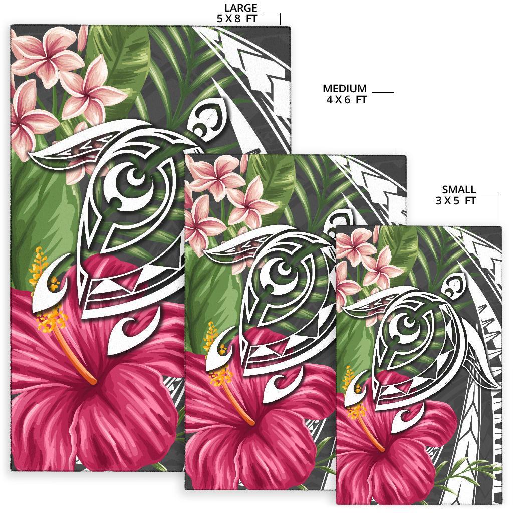 Hawaii Polynesian Turtle Tropical Hibiscus Plumeria Rug - Gray - Polynesian Pride