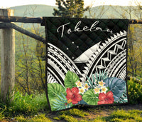 Tokelau Premium Quilt - Tokelau Coat of Arms & Polynesian Tropical Flowers White - Polynesian Pride