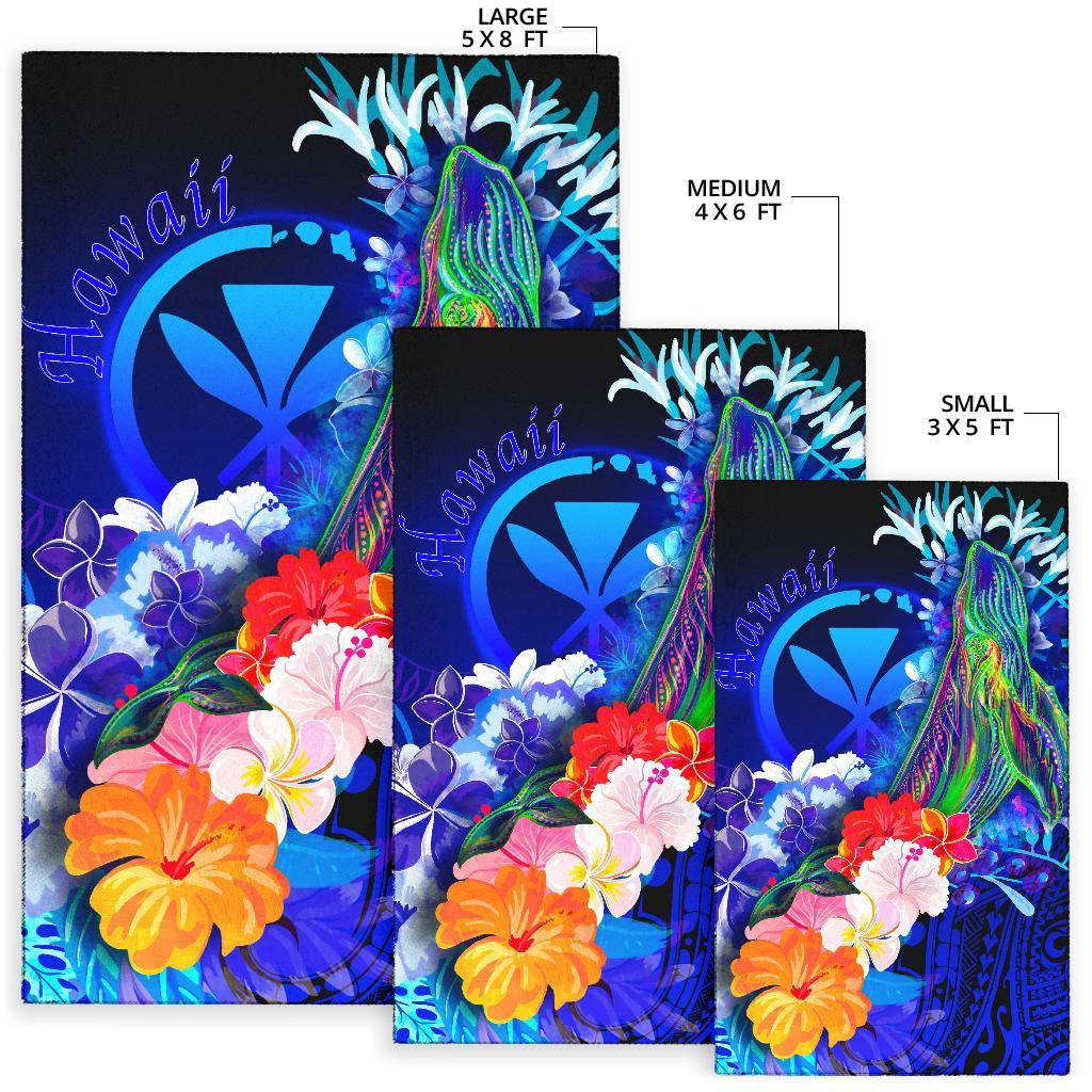 Polynesian Hawaii Area Rug - Kanaka Maoli Humpback Whale with Tropical Flowers (Blue) - Polynesian Pride