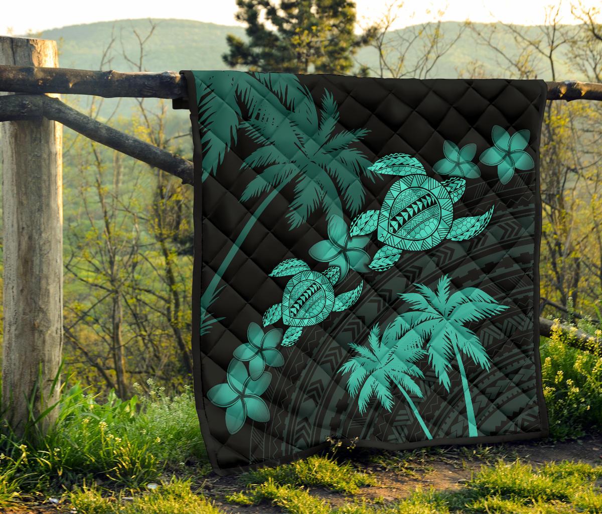 Hawaii Turtle Plumeria Coconut Tree Polynesian Premium Quilt - Turquoise - Polynesian Pride