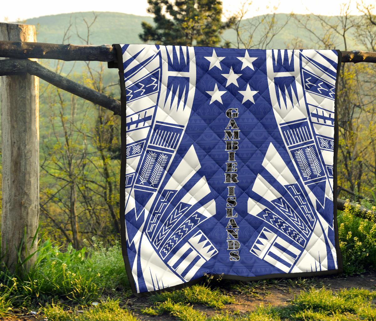 Gambier Islands Premium Quilt - Gambier Islands Flag Polynesian White Tattoo (Blue) - Polynesian Pride