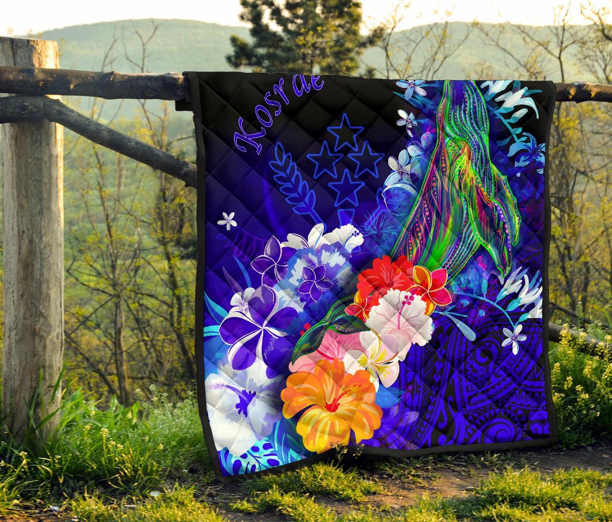 Kosrae Premium Quilt - Humpback Whale with Tropical Flowers (Blue) - Polynesian Pride