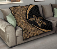 Hawaiian Hibiscus Turtle Polynesian Black Premium Quilt - Circle Style - Polynesian Pride