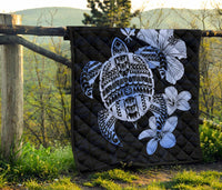 Hawaiian Kanaka Hibiscus Plumeria Mix Polynesian Turtle Premium Quilt Blue AH - Polynesian Pride