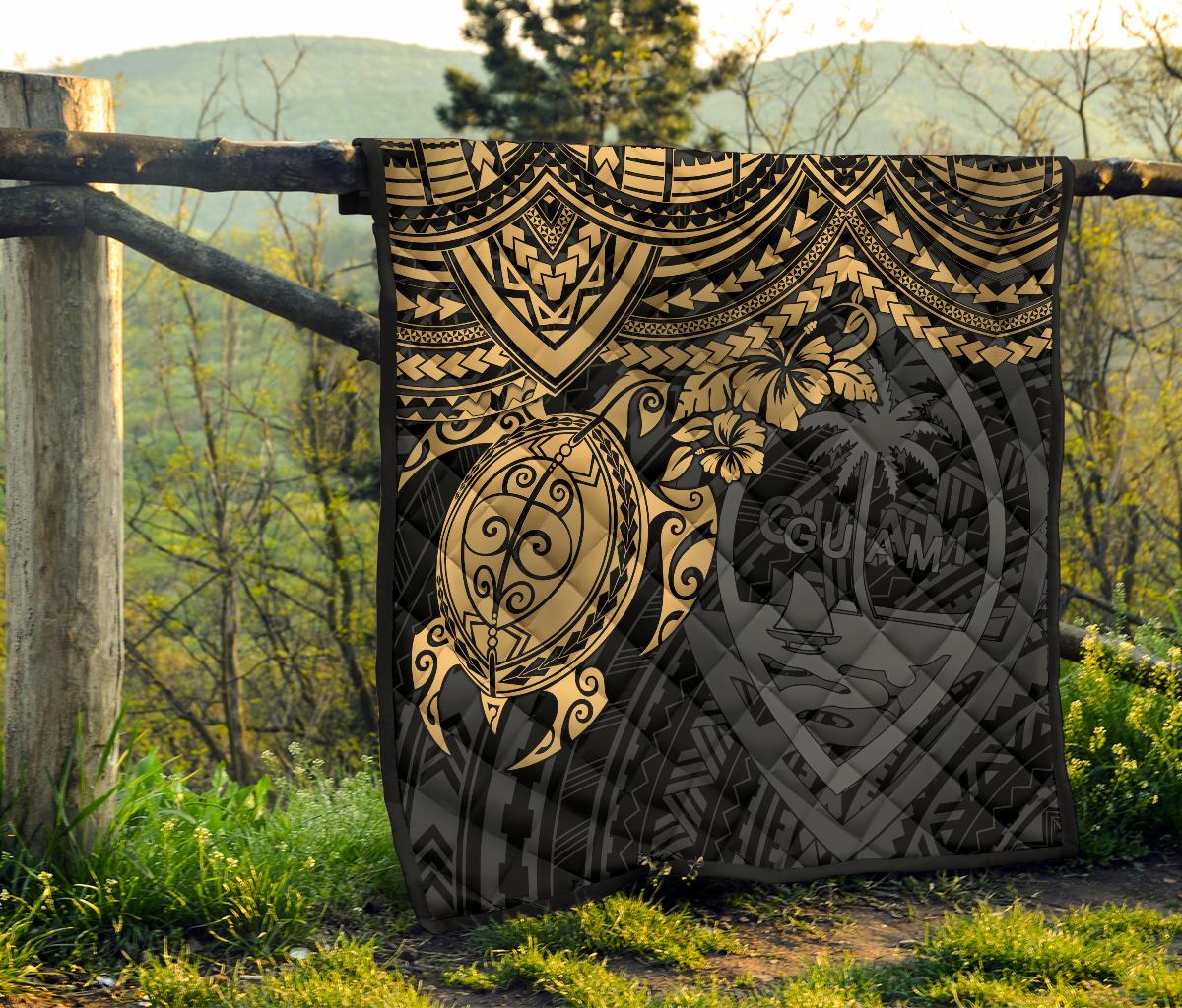 Guam Polynesian Premium Quilt - Guam Coat Of Arms & Golden Turtle Hibiscus - Polynesian Pride