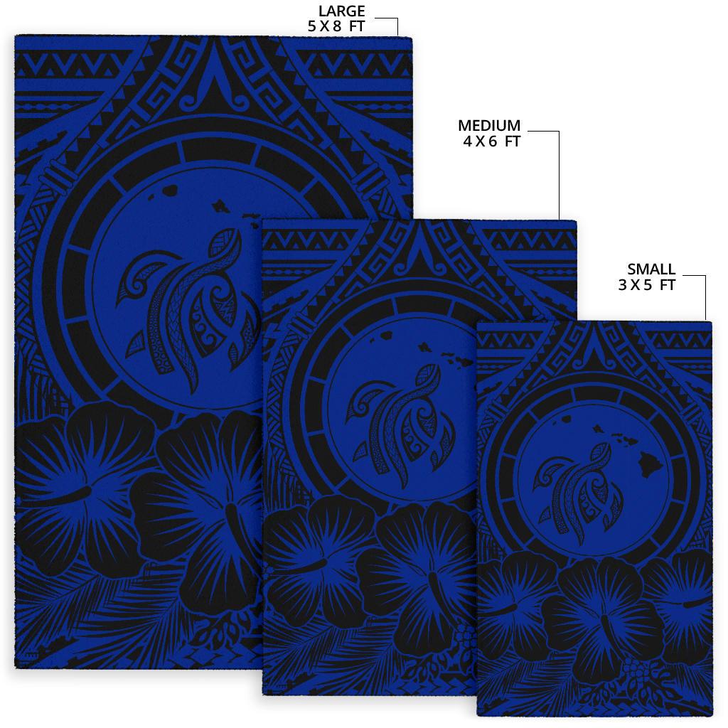 Hawaii Map Honu Hibiscus Polynesian Area Rug Blue AH - Polynesian Pride