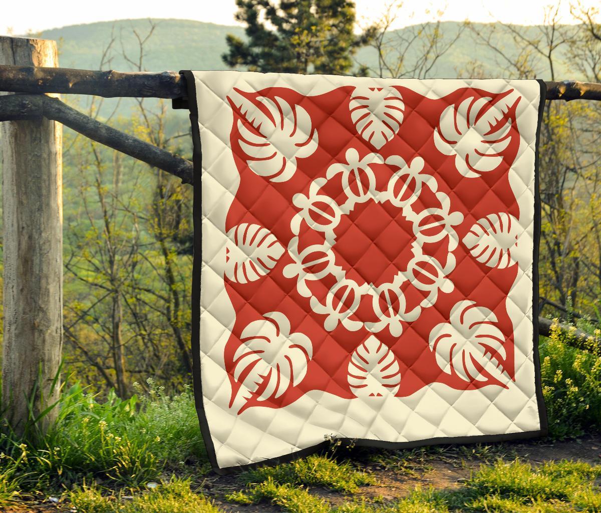 Hawaiian Turtle Coconut Pattern Premium Quilt - Red - Argu Style - AH - Polynesian Pride