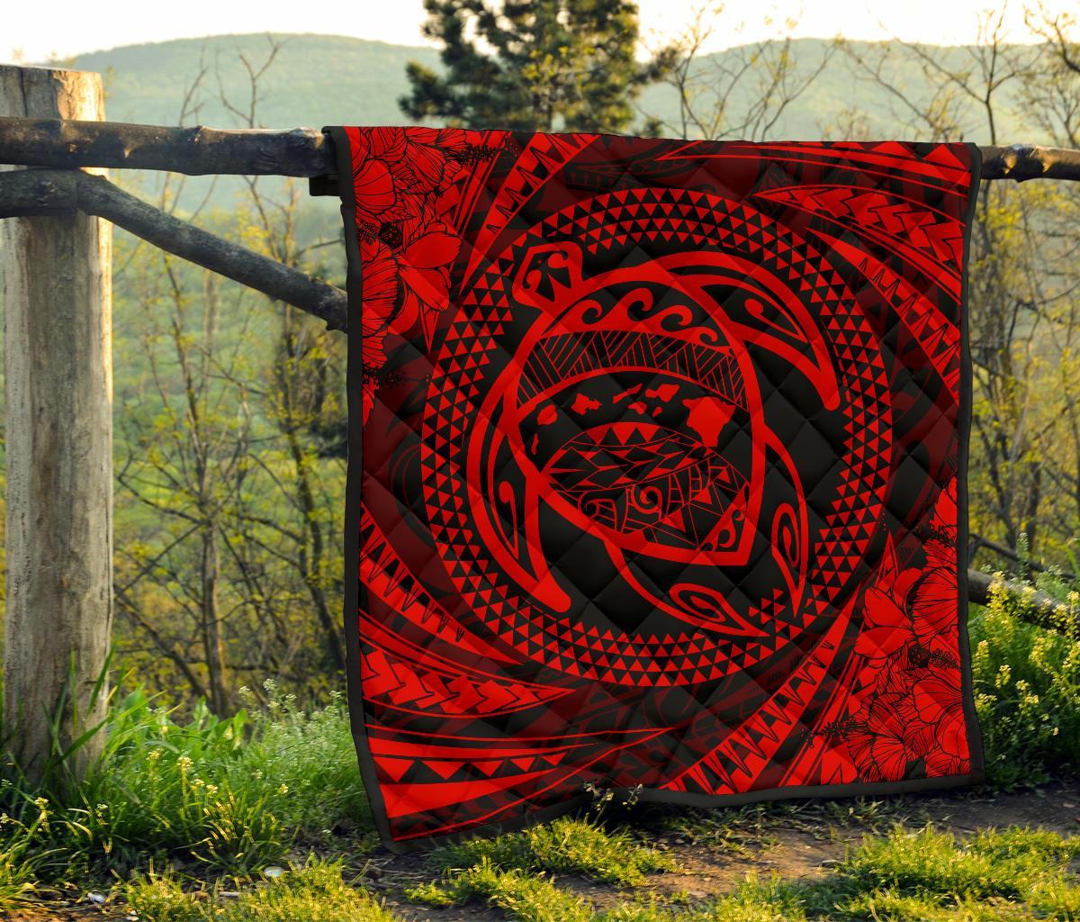 Hawaiian Kanaka Honu Hibiscus Tornando Red Polynesian Premium Quilt - Polynesian Pride