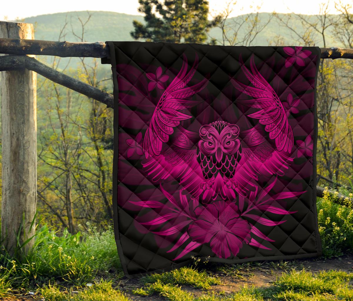 Hawaii Owl Hibiscus Plumeria Premium Quilt - Pink - Polynesian Pride