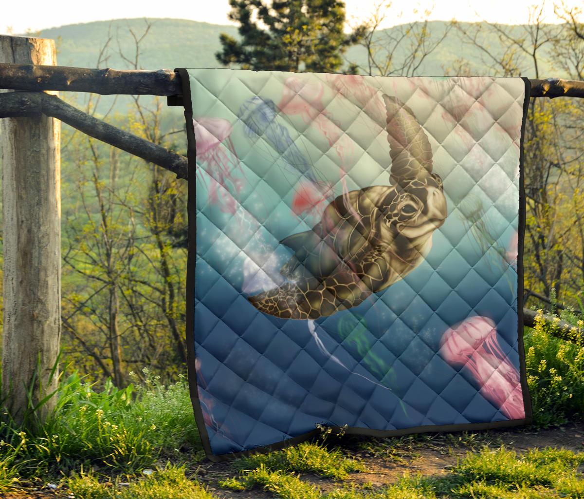 Hawaii Turtle And Jellyfish In Deep Sea Moana Premium Quilt - Polynesian Pride