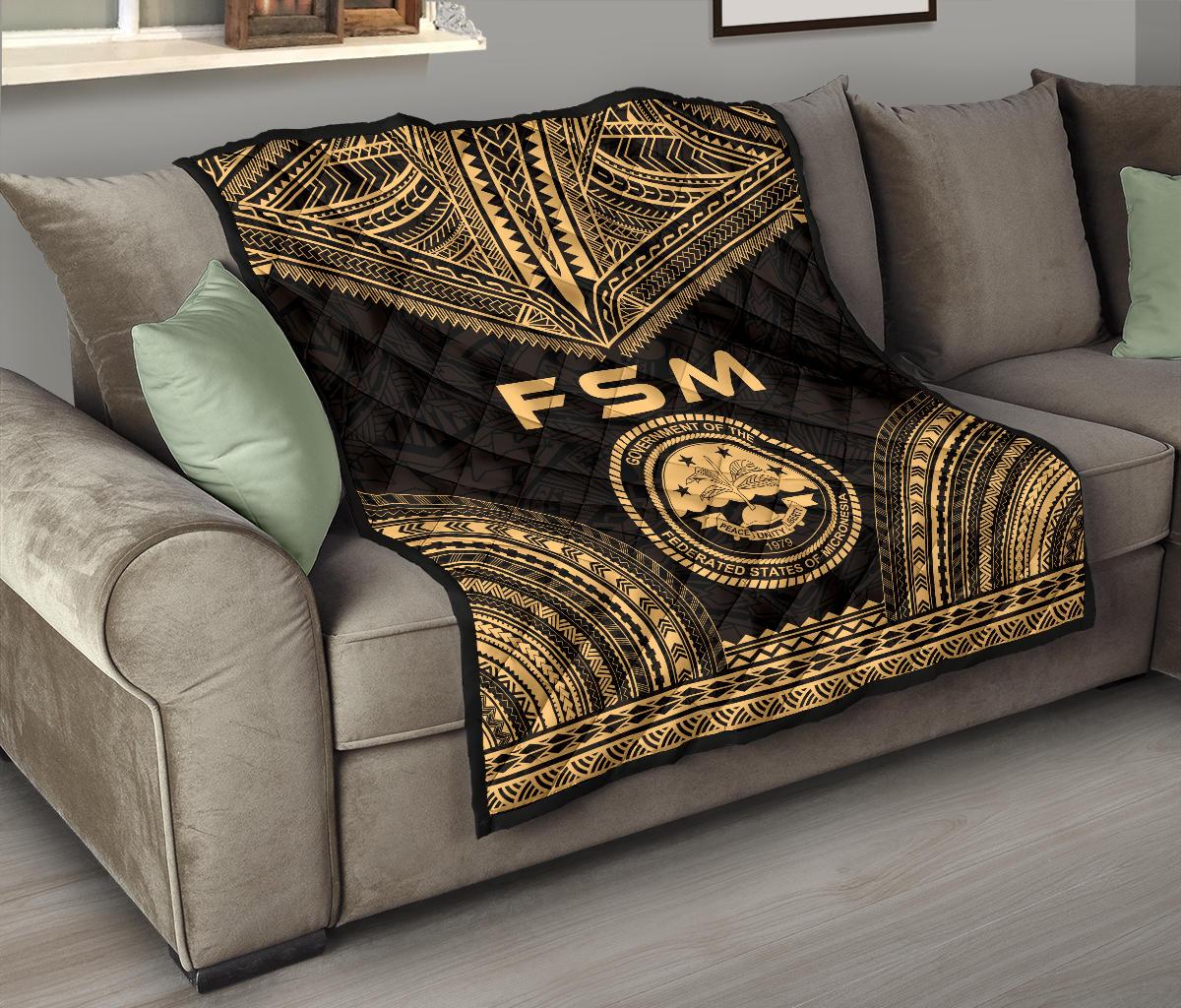 Federated States Of Micronesia Premium Quilt - FSM Seal Polynesian Chief Gold Version - Polynesian Pride