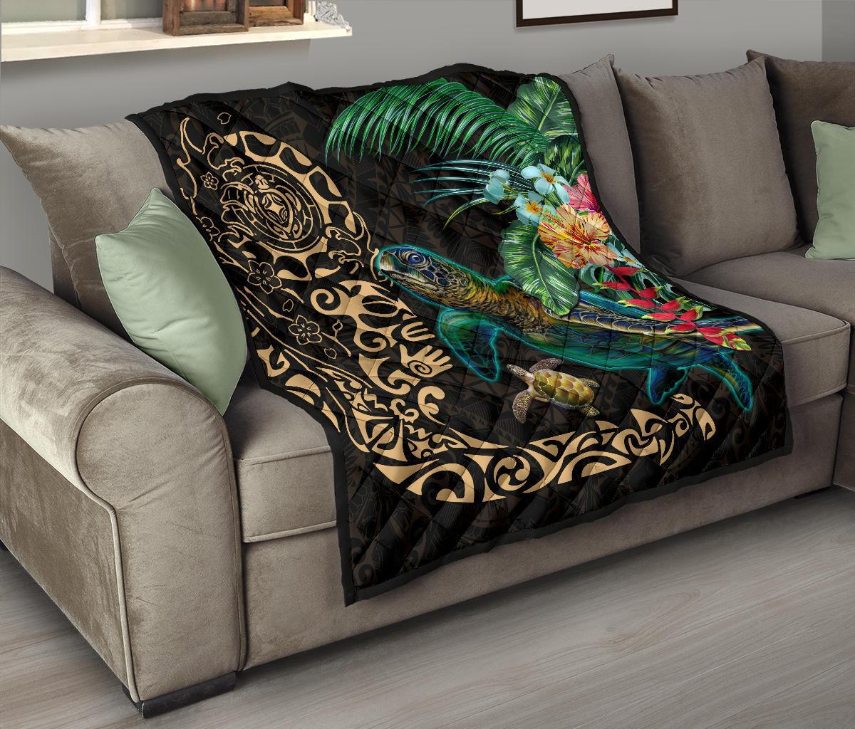 Tiki Polynesian Premium Quilt Turtle Hibiscus - Gold - Polynesian Pride