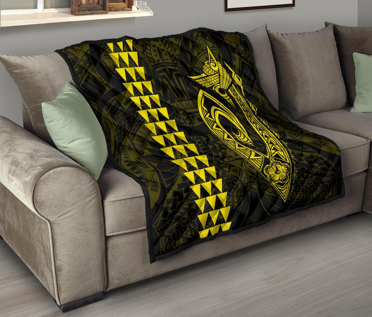 Hawaii Kakau Makau Fish Hook Polynesian Premium Quilt - Yellow - Polynesian Pride