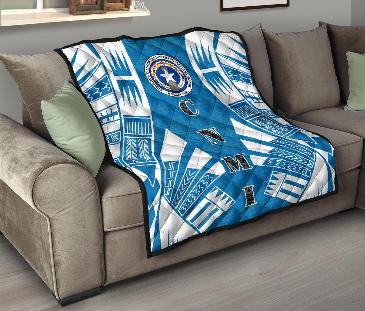 Northern Mariana Islands Premium Quilt - Northern Mariana Islands Seal Polynesian White Tattoo (Blue) - Polynesian Pride